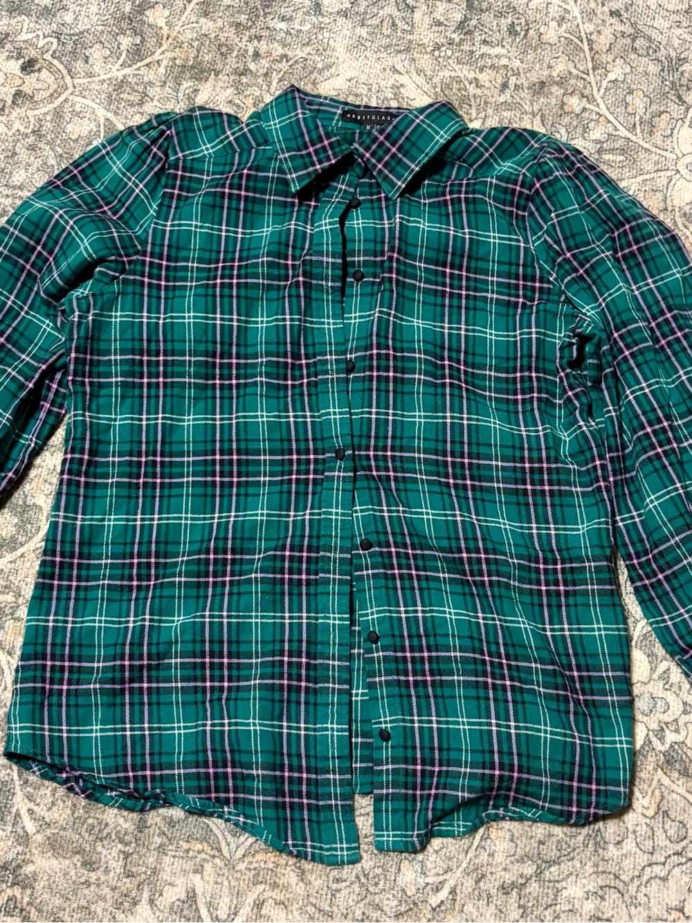 Abbey Glass Emerald & Pink Plaid Flannel Button Front Blouse - Size M